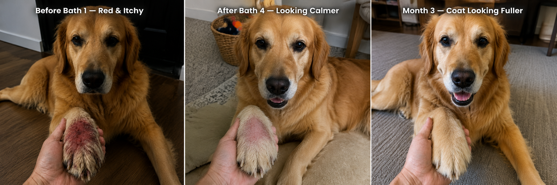 Raw, red dog paw healing across Bath 1, Bath 4 and Month 3