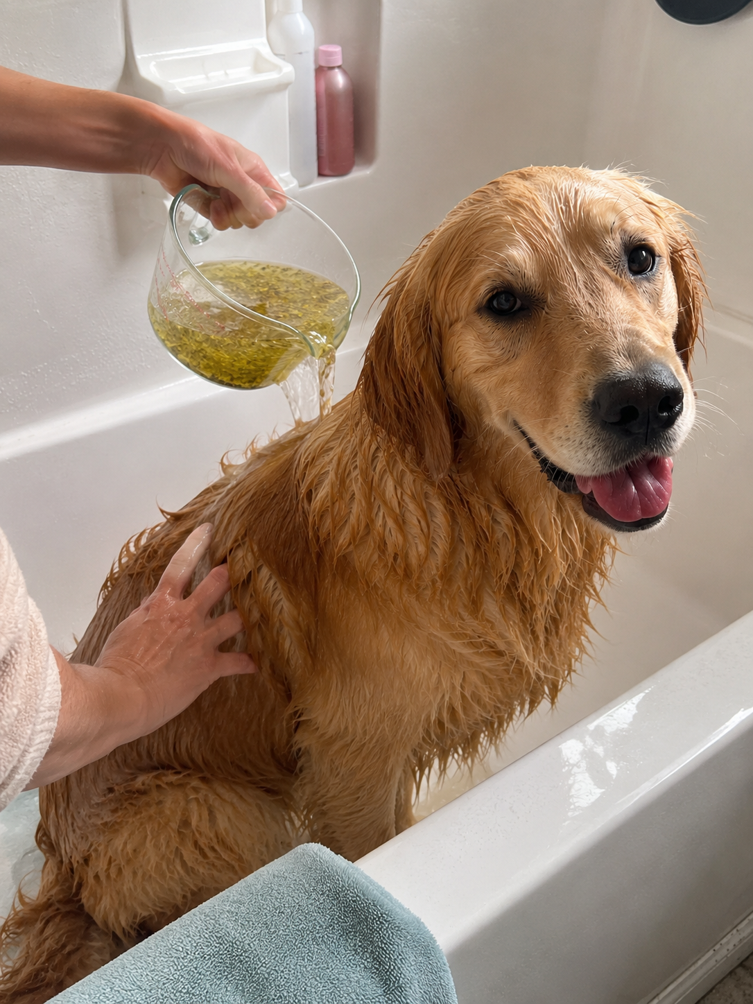 Golden retriever being bathed with the natural 3-ingredient wash