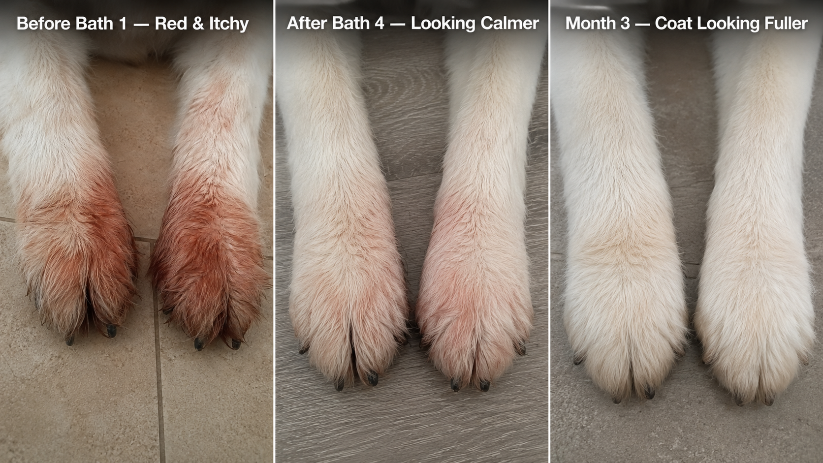 Rust-stained paws healing across Bath 1, Bath 4 and Month 3