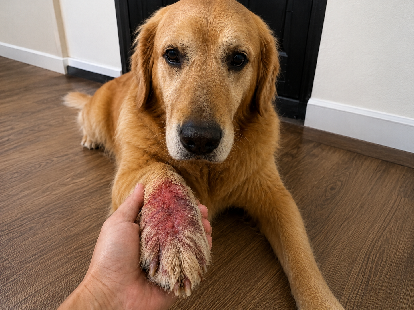 Dog paw turning pink and angry red from inflammation, held by a hand