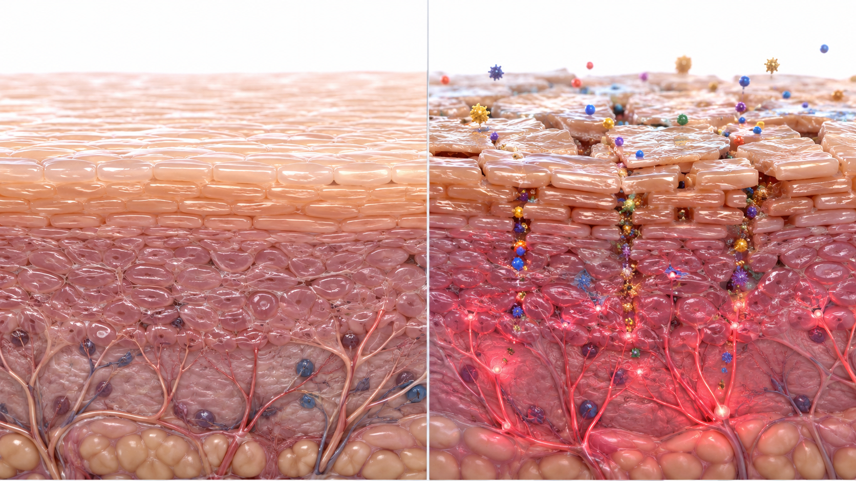 Healthy skin barrier vs. leaky skin barrier with allergens penetrating to nerve endings